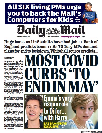 Daily Mail Newspaper Front Page (UK) for 5 February 2021