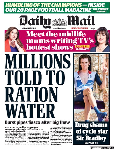 Daily Mail Newspaper Front Page (UK) for 5 March 2018