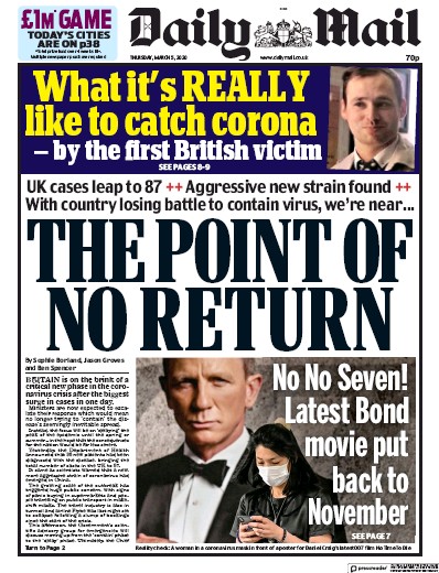 Daily Mail Newspaper Front Page (UK) for 5 March 2020