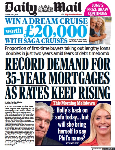 Daily Mail Newspaper Front Page (UK) for 5 June 2023