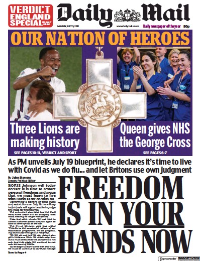 Daily Mail Newspaper Front Page (UK) for 5 July 2021