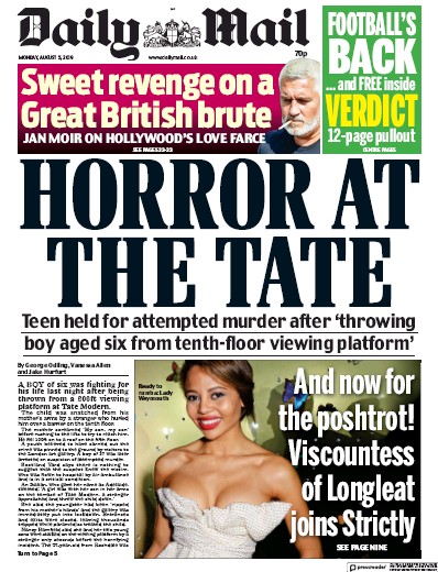 Daily Mail Newspaper Front Page (UK) for 5 August 2019