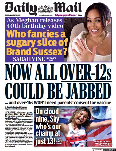 Daily Mail Newspaper Front Page (UK) for 5 August 2021