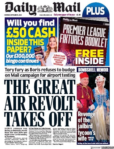 Daily Mail Newspaper Front Page (UK) for 5 September 2020