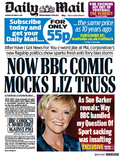 Daily Mail Newspaper Front Page (UK) for 5 September 2022
