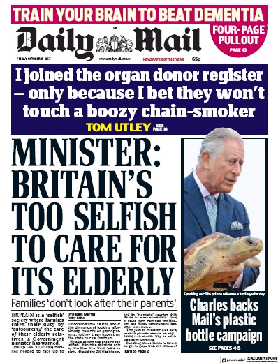 Daily Mail Newspaper Front Page (UK) for 6 October 2017