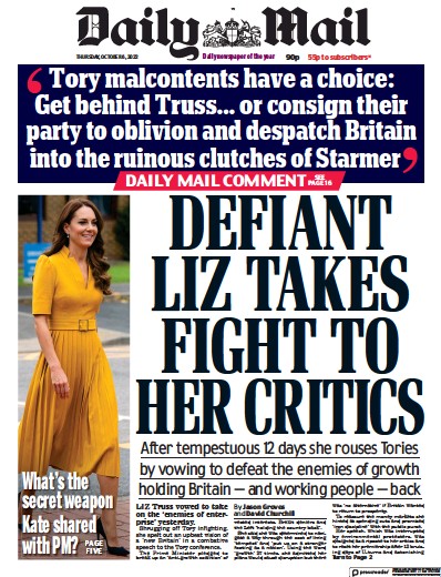 Daily Mail Newspaper Front Page (UK) for 6 October 2022