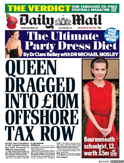 Daily Mail Newspaper Front Page (UK) for 6 November 2017
