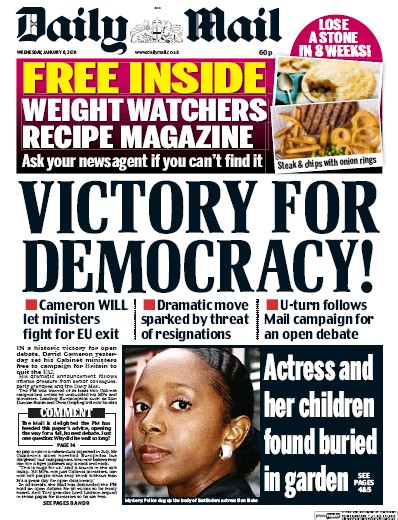 Daily Mail Newspaper Front Page (UK) for 6 January 2016