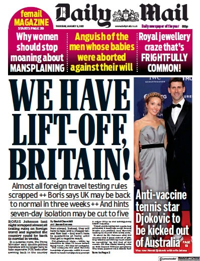 Daily Mail Newspaper Front Page (UK) for 6 January 2022