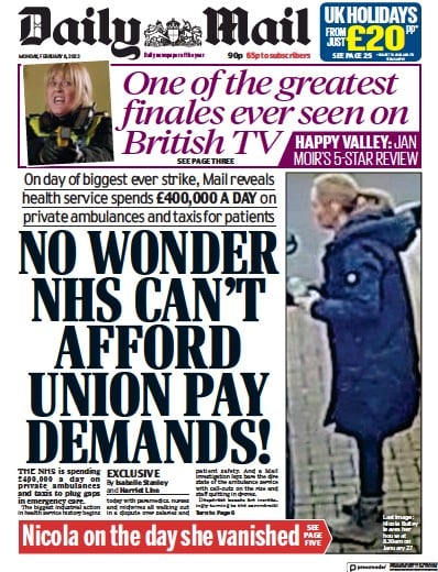 Daily Mail Newspaper Front Page (UK) for 6 February 2023