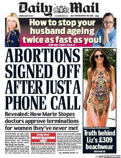 Daily Mail Newspaper Front Page (UK) for 6 March 2017