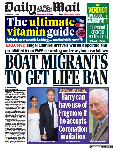 Daily Mail Newspaper Front Page (UK) for 6 March 2023