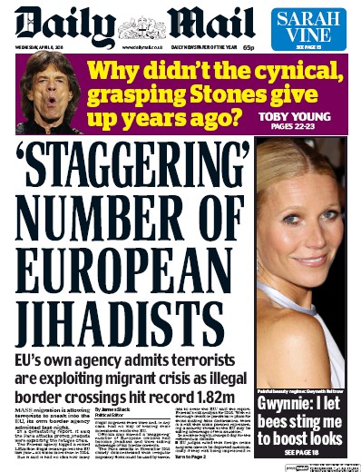 Daily Mail Newspaper Front Page (UK) for 6 April 2016