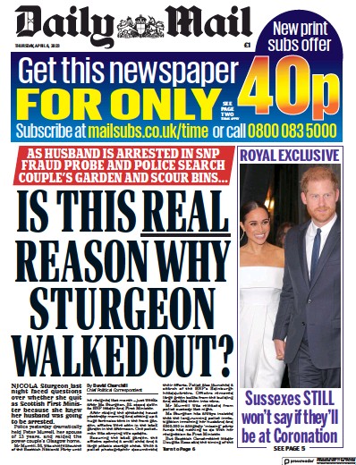 Daily Mail Newspaper Front Page (UK) for 6 April 2023