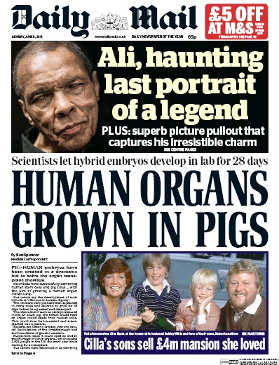 Daily Mail Newspaper Front Page (UK) for 6 June 2016