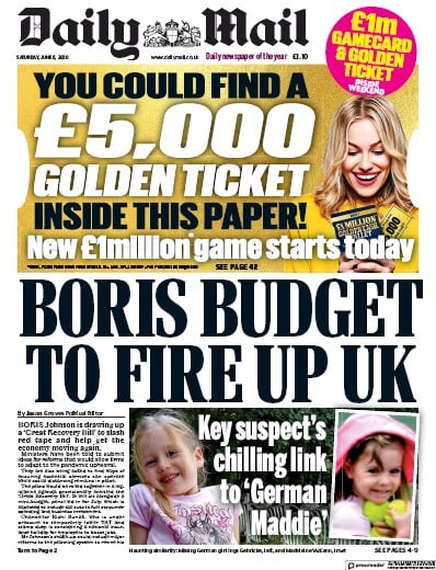 Daily Mail Newspaper Front Page (UK) for 6 June 2020