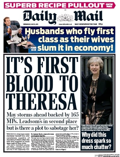 Daily Mail Newspaper Front Page (UK) for 6 July 2016