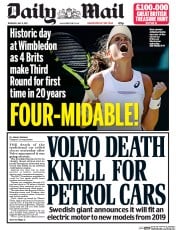 Daily Mail (UK) Newspaper Front Page for 6 July 2017