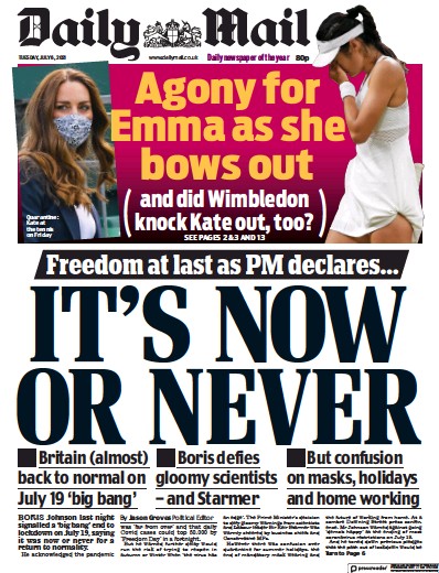 Daily Mail Newspaper Front Page (UK) for 6 July 2021