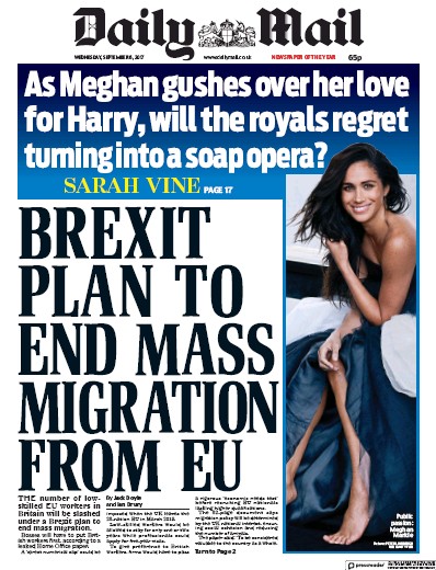 Daily Mail Newspaper Front Page (UK) for 6 September 2017