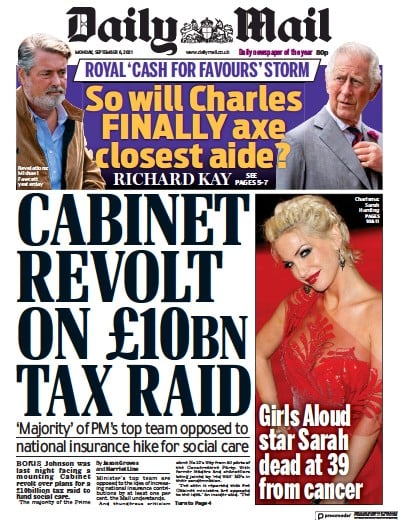 Daily Mail Newspaper Front Page (UK) for 6 September 2021
