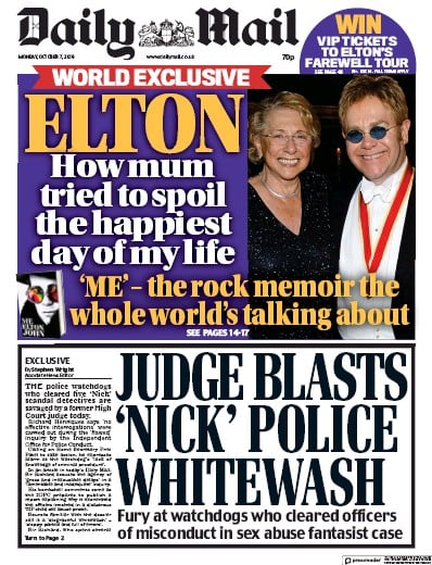 Daily Mail Newspaper Front Page (UK) for 7 October 2019