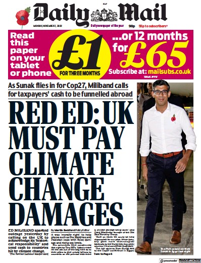 Daily Mail Newspaper Front Page (UK) for 7 November 2022