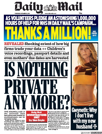 Daily Mail Newspaper Front Page (UK) for 7 December 2018