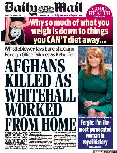 Daily Mail Newspaper Front Page (UK) for 7 December 2021