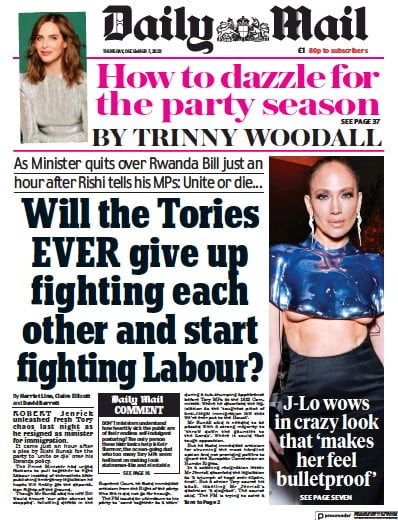 Daily Mail Newspaper Front Page (UK) for 7 December 2023