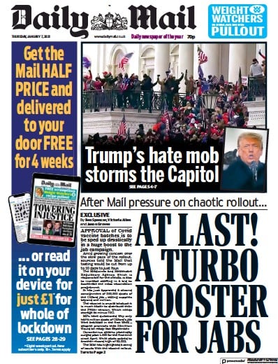 Daily Mail Newspaper Front Page (UK) for 7 January 2021