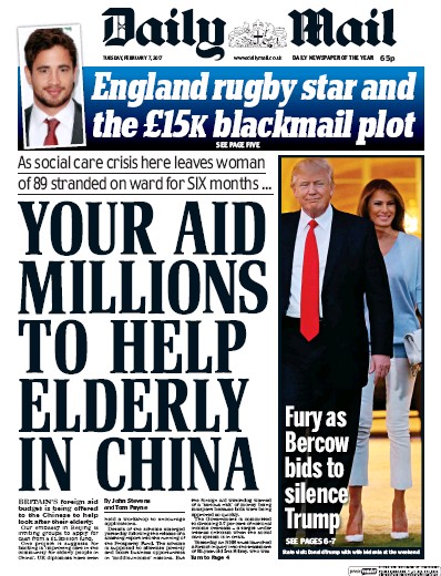 Daily Mail Newspaper Front Page (UK) for 7 February 2017