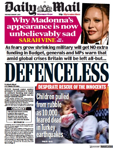 Daily Mail Newspaper Front Page (UK) for 7 February 2023