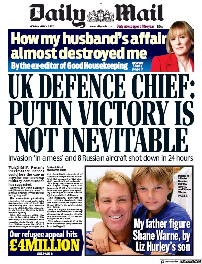 Daily Mail Newspaper Front Page (UK) for 7 March 2022
