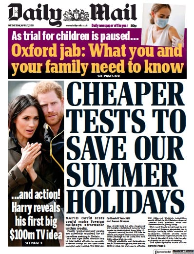 Daily Mail Newspaper Front Page (UK) for 7 April 2021