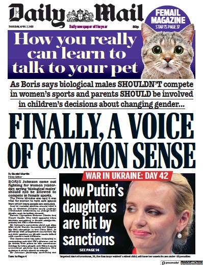 Daily Mail Newspaper Front Page (UK) for 7 April 2022
