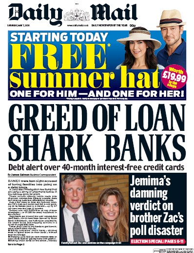 Daily Mail Newspaper Front Page (UK) for 7 May 2016