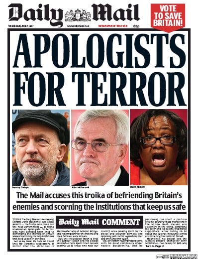Daily Mail Newspaper Front Page (UK) for 7 June 2017