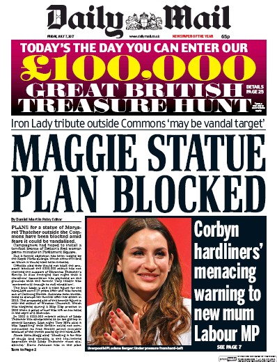 Daily Mail Newspaper Front Page (UK) for 7 July 2017