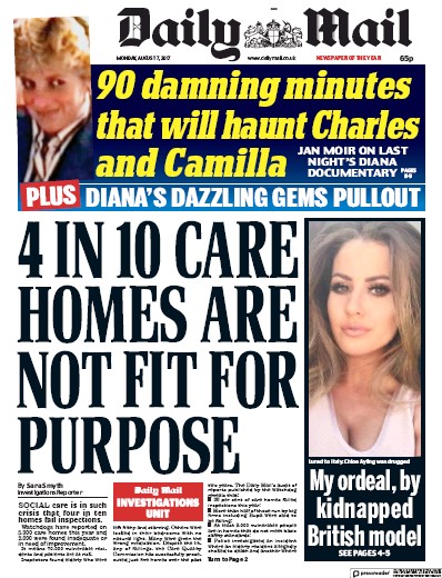 Daily Mail Newspaper Front Page (UK) for 7 August 2017