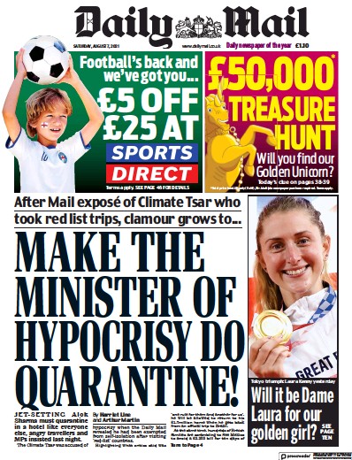 Daily Mail Newspaper Front Page (UK) for 7 August 2021