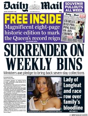 Daily Mail (UK) Newspaper Front Page for 7 September 2015