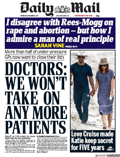 Daily Mail Newspaper Front Page (UK) for 7 September 2017