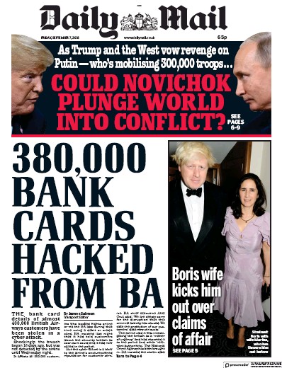 Daily Mail Newspaper Front Page (UK) for 7 September 2018