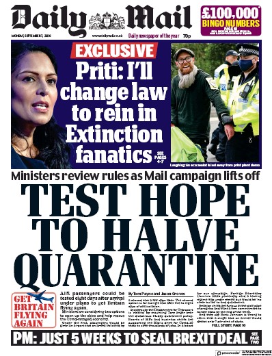 Daily Mail Newspaper Front Page (UK) for 7 September 2020