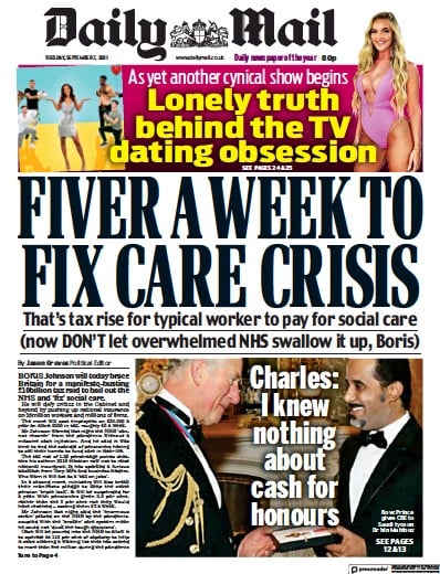 Daily Mail Newspaper Front Page (UK) for 7 September 2021