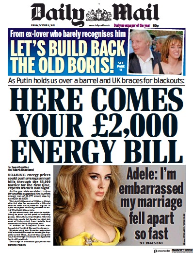 Daily Mail Newspaper Front Page (UK) for 8 October 2021