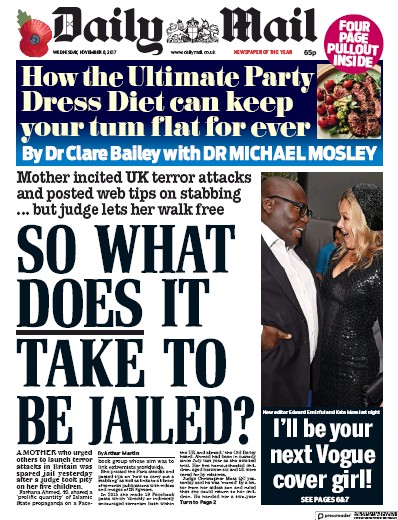 Daily Mail Newspaper Front Page (UK) for 8 November 2017