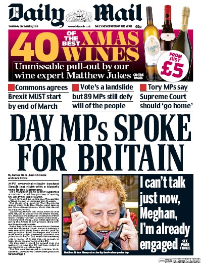 Daily Mail Newspaper Front Page (UK) for 8 December 2016
